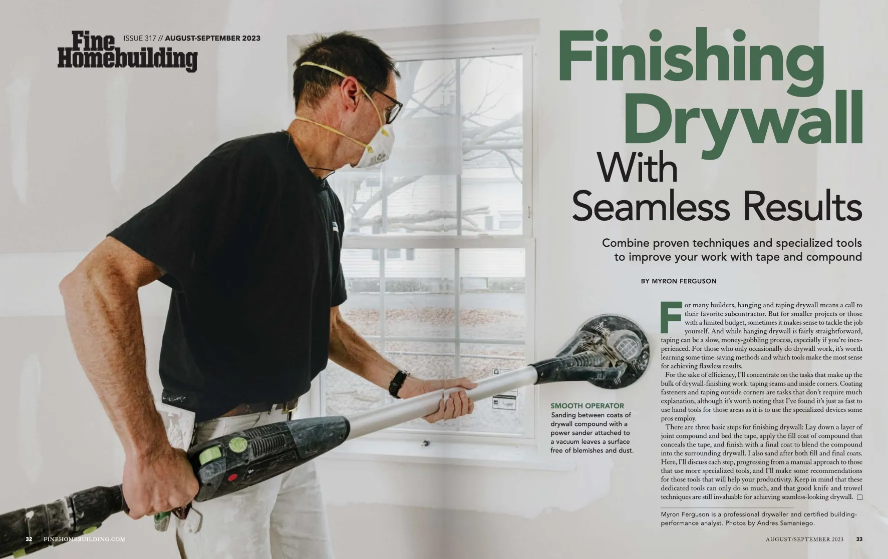 Opening pages of the feature “Finishing Drywall With Seamless Results”: Myron Ferguson sanding a wall with a power sander
